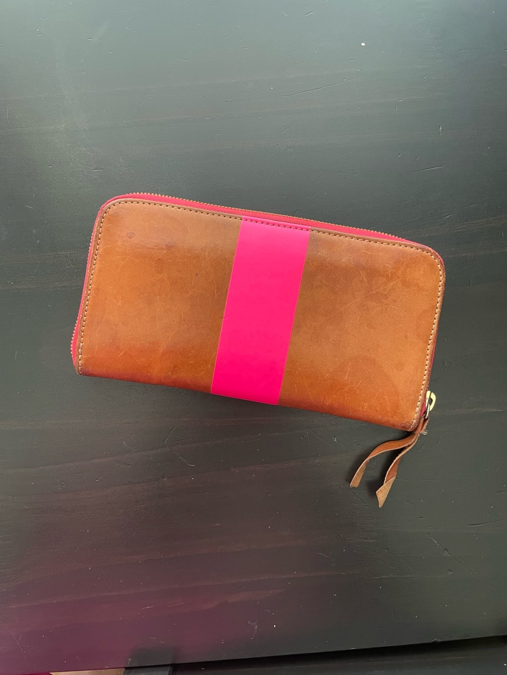 Clare V Brown Leather Zip Wallet with Hot Pink Stripe